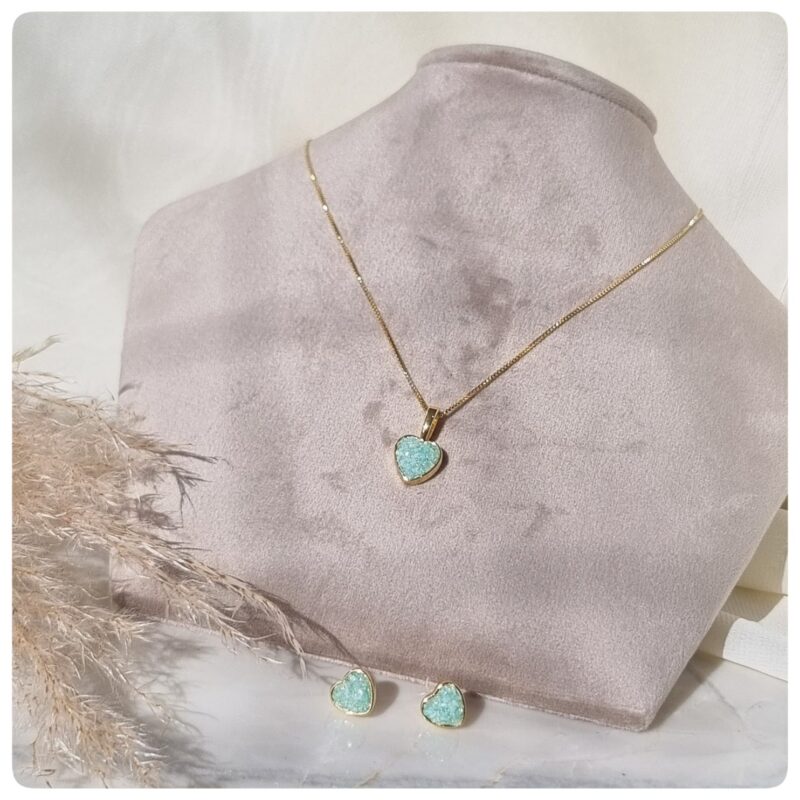 Conjunto dourado pedra natural amazonita verde