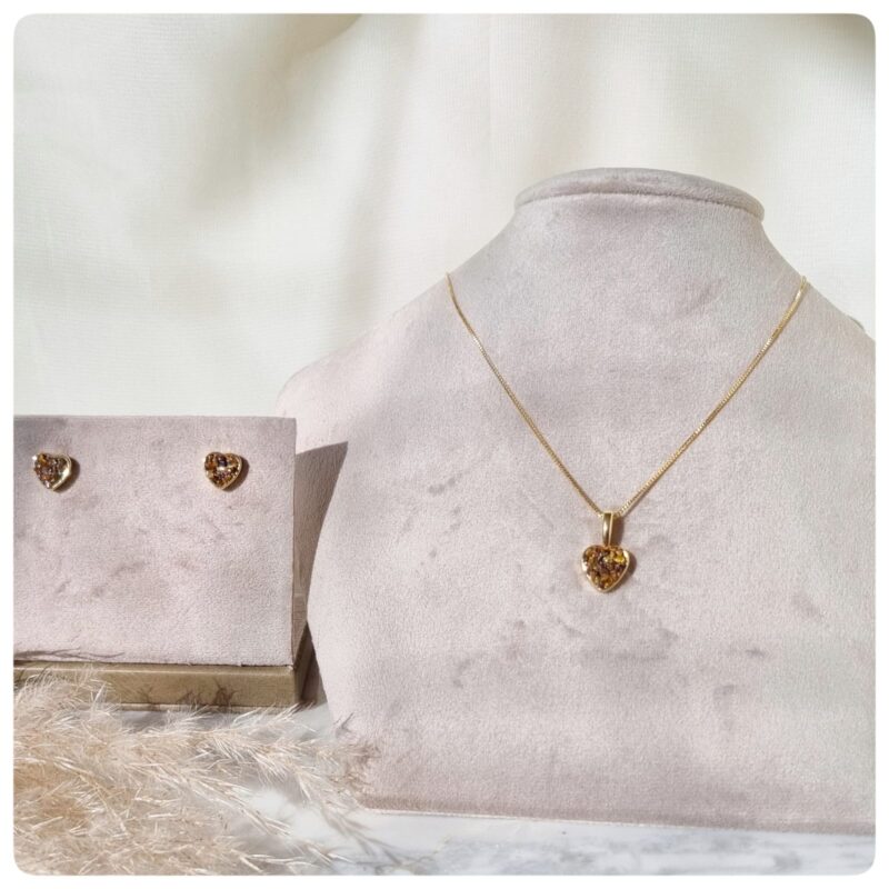 Conjunto dourado pedra natural olho de tigre
